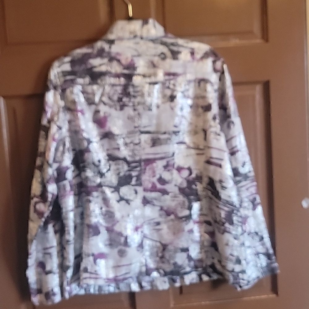 Chico's-Linen purple, silver, blk collared, button down front jkt. Size 2= M 12 - Picture 6 of 8